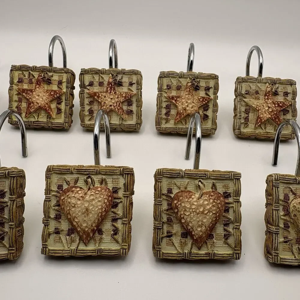 VINTAGE QUILTED HEARTS & STARS SHOWER CURTAIN HOOKS SET OF 12